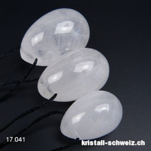 Set 3 Eier YONI Bergkristall weiss, Gebohrt. Sonderangebot