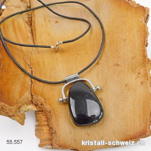 Obsidian Schwarz-Silber gebohrt mit Metall-Halter und Lederbandkette 47 cm. Unikat