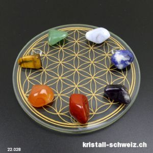 Kit-Chakren mit 7 Edelsteine und 1 Glas-Untersetzer Blume des Lebens 9 cm