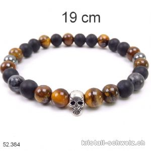 Armband SCHÄDEL Tigerauge, Hämatit, Obsidian MATT, Larvikit 8 mm / 19 cm