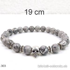 Armband SCHÄDEL Achat Crazy Lace grau 8 mm / 19 cm