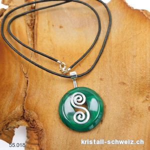 Halskette Malachit Donut 3 cm mit DOPPELSPIRALE Halter aus 925 Silber. Einzelstück