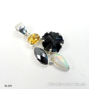 Anhänger Opal äthiopien, Onyx schwarz - Hämatit - Citrin aus 925 Silber. Unikat