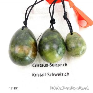 Set 3 Eier YONI Jade Serpentin grün-braun, Gebohrt. Sonderangebot