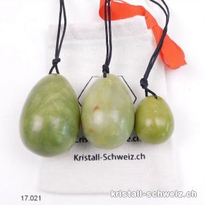 Set 3 Eier YONI Jade Serpentin grün, Gebohrt. Einzellos, Sonderangebot