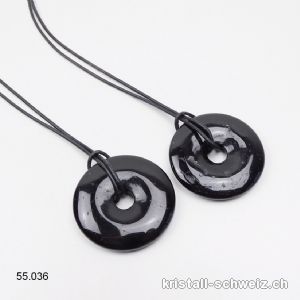 Halkette Donut Turmalin schwarz - Schörl 4 cm mit Lederband zum binden