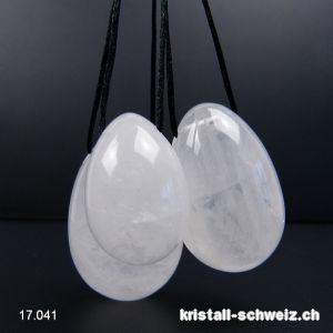 Set 3 Eier YONI Bergkristall weiss, Gebohrt. Sonderangebot