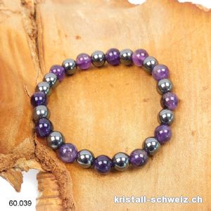 Armband Amethyst - Hämatit 8 mm, elastisch 18,5 - 19 cm. Gr. M-L