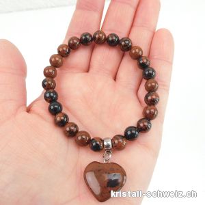 Armband Obsidian Mahagoni 8 mm mit Herz  / elastisch 18,5 cm