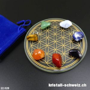 Kit-Chakren mit 7 Edelsteine und 1 Glas-Untersetzer Blume des Lebens 9 cm