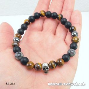 Armband SCHÄDEL Tigerauge, Hämatit, Obsidian MATT, Larvikit 8 mm / 19 cm