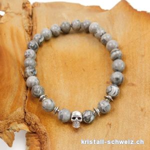 Armband SCHÄDEL Achat Crazy Lace grau 8 mm / 21 cm