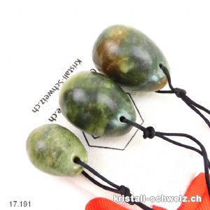 Set 3 Eier YONI Jade Serpentin grün-braun, Gebohrt. Sonderangebot