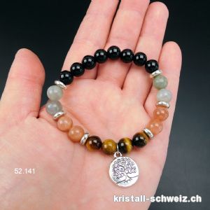 Armband Onyx - Labradorit - Mondstein - Tigerauge 8 mm / 17,5 cm, BAUM DES LEBENS. Gr. S