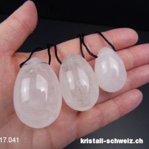 Set 3 Eier YONI Bergkristall weiss, Gebohrt. Sonderangebot