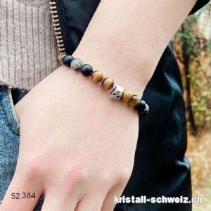 Armband SCHÄDEL Tigerauge, Hämatit, Obsidian MATT, Larvikit 8 mm / 19 cm