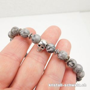 Armband SCHÄDEL Achat Crazy Lace grau 8 mm / 21 cm