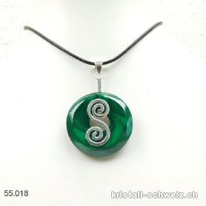 Halskette Malachit Donut 3 cm mit DOPPELSPIRALE Halter aus 925 Silber. Einzelstück