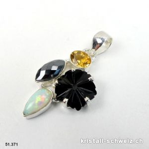 Anhänger Opal äthiopien, Onyx schwarz - Hämatit - Citrin aus 925 Silber. Unikat