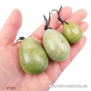 Set 3 Eier YONI Jade Serpentin grün, Gebohrt. Einzellos, Sonderangebot