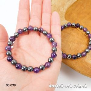 Armband Amethyst - Hämatit 8 mm, elastisch 18,5 - 19 cm. Gr. M-L