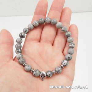 Armband SCHÄDEL Achat Crazy Lace grau 8 mm / 21 cm