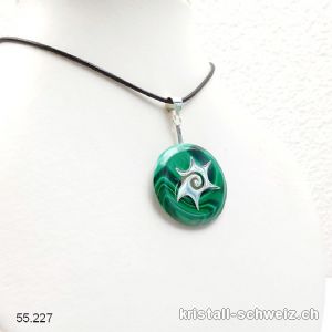 Halskette Malachit Donut 3 cm mit Sonne Halter aus 925 Silber. Einzelstück