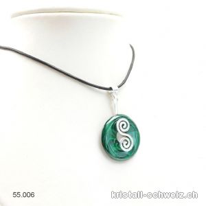 Halskette Malachit Donut 3 cm mit DOPPELSPIRALE Halter aus 925 Silber. Einzelstück