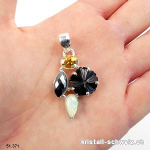 Anhänger Opal äthiopien, Onyx schwarz - Hämatit - Citrin aus 925 Silber. Unikat