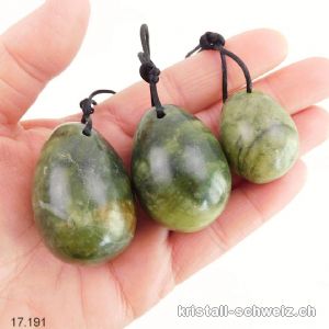 Set 3 Eier YONI Jade Serpentin grün-braun, Gebohrt. Sonderangebot