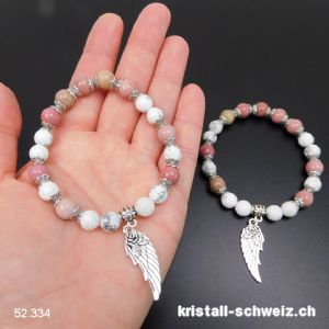 Armband Magnesit u. Rhodonit - Engelsflügel 8 mm / 19 cm. Grösse M-L