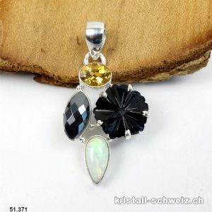 Anhänger Opal äthiopien, Onyx schwarz - Hämatit - Citrin aus 925 Silber. Unikat