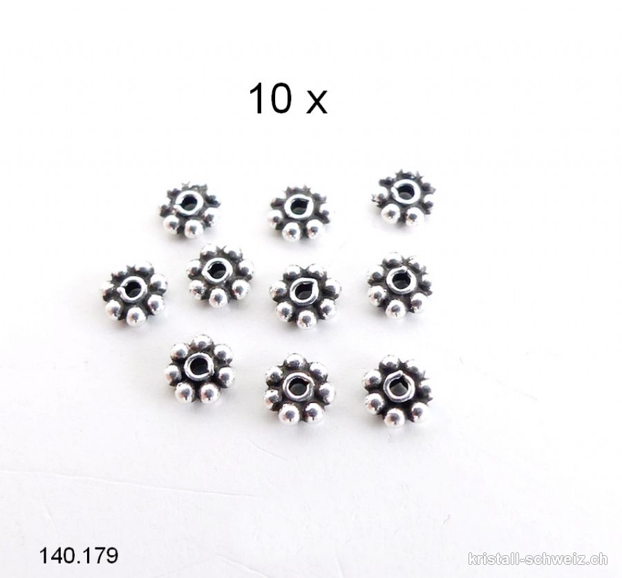 Batch 10 Stk. Ethno Blumen 4 mm, Zwischenteil 925er Silber geschwärzt. SONDERANGEBOT