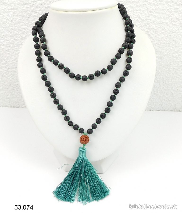 Halskette Lava Stein - Mala geknotet 108 Perlen / 80 cm, mit Rudraksha und grüne Quaste