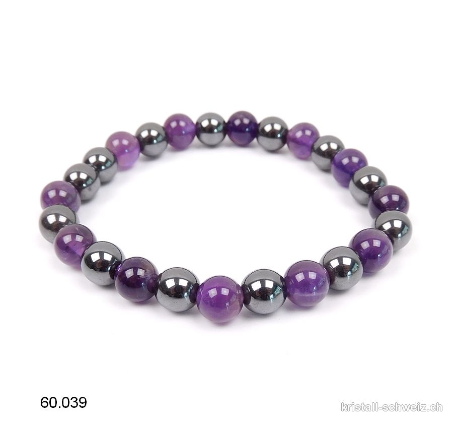 Armband Amethyst - Hämatit 8 mm, elastisch 18,5 - 19 cm. Gr. M-L