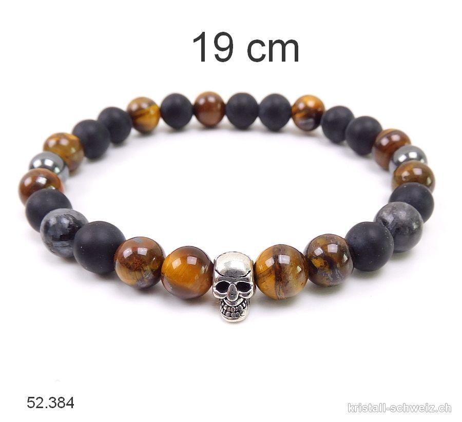 Armband SCHÄDEL Tigerauge, Hämatit, Obsidian MATT, Larvikit 8 mm / 19 cm