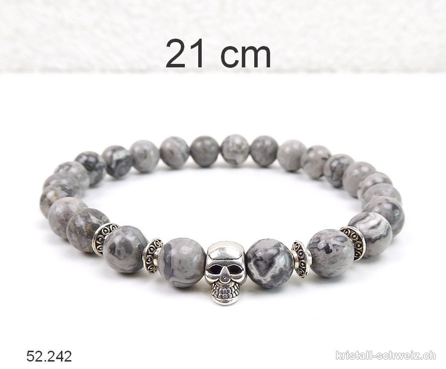 Armband SCHÄDEL Achat Crazy Lace grau 8 mm / 21 cm