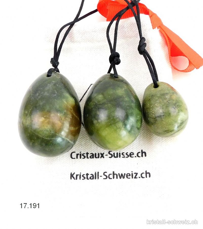 Set 3 Eier YONI Jade Serpentin grün-braun, Gebohrt. Sonderangebot