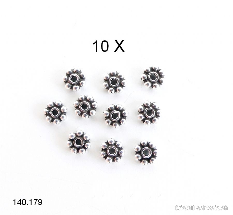 Batch 10 Stk. Ethno Blumen 4 mm, Zwischenteil 925er Silber geschwärzt. SONDERANGEBOT