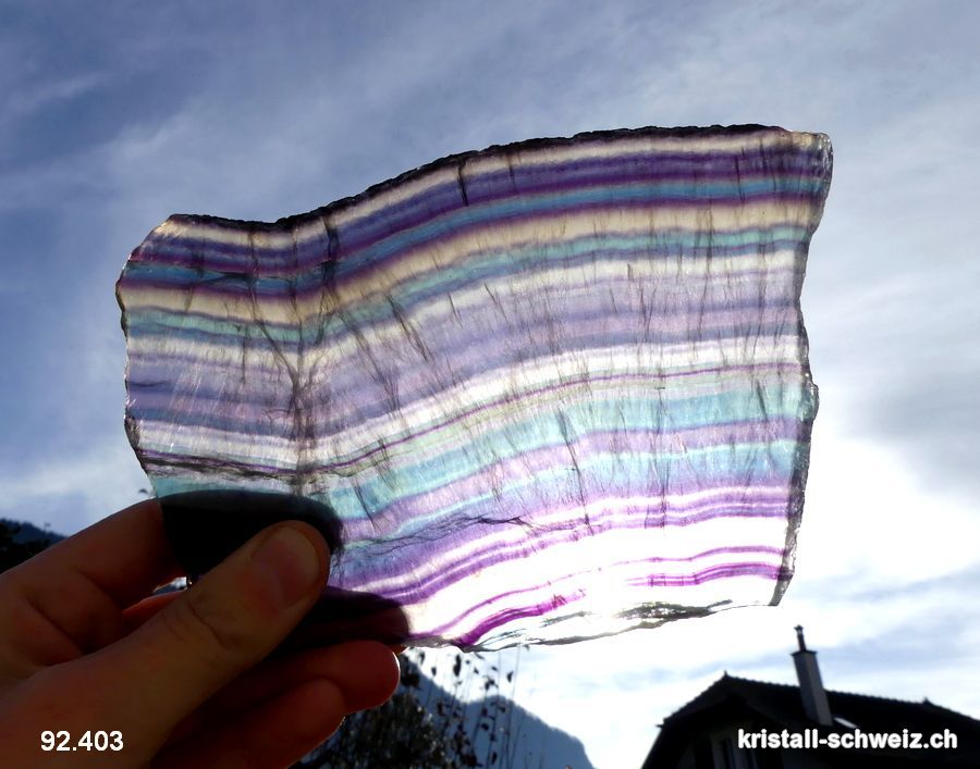 Fluorit Regenbogen polierte Platte 15 cm und Ständer. Einzellos