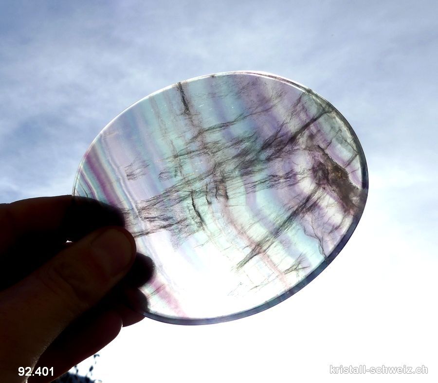 Fluorit Regenbogen polierte Platte 10,3 cm und Ständer. Einzellos