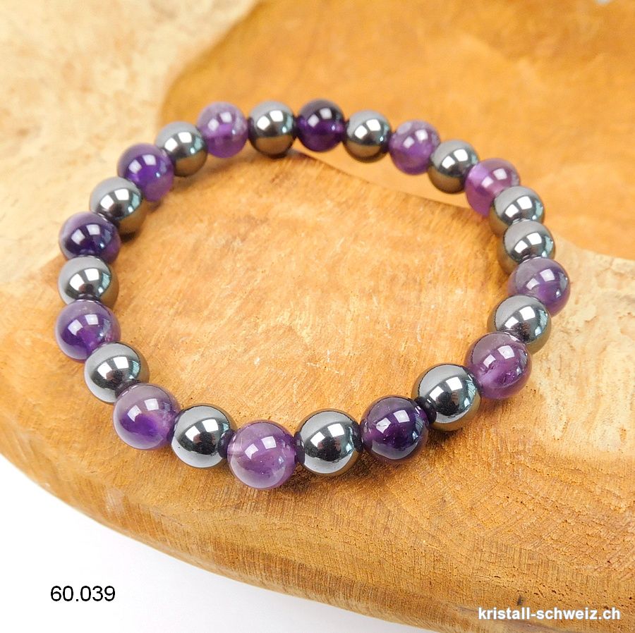 Armband Amethyst - Hämatit 8 mm, elastisch 18,5 - 19 cm. Gr. M-L