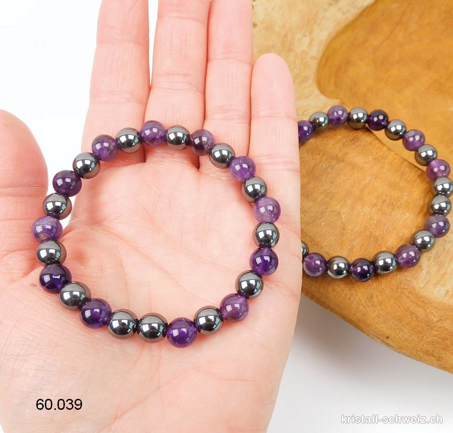 Armband Amethyst - Hämatit 8 mm, elastisch 18,5 - 19 cm. Gr. M-L