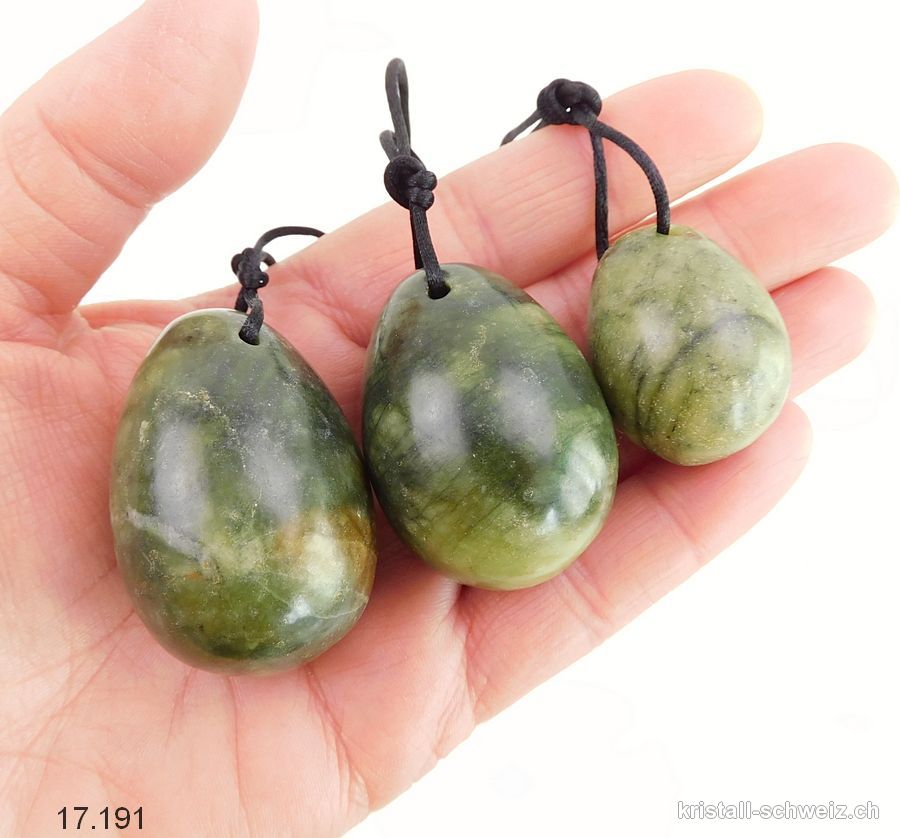 Set 3 Eier YONI Jade Serpentin grün-braun, Gebohrt. Sonderangebot